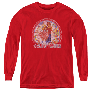 Red youth long sleeve t-shirt with Candy Land graphic