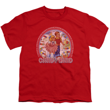 Red youth t-shirt for ages 8 to 12 with Candy Land graphic
