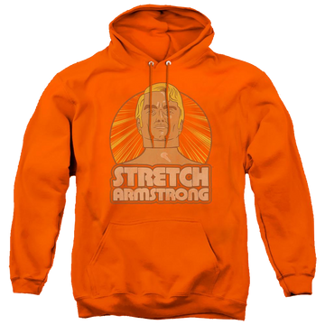 Orange pullover hoodie with Hasbro Stretch Armstrong Badge graphic