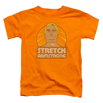 Orange toddler t-shirt with Hasbro Stretch Armstrong Badge graphic