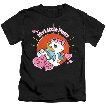 Black kid's t-shirt for ages 4 to 7 with My Little Pony Classic Create Love graphic