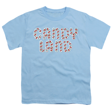 Light blue youth t-shirt for ages 8 to 12 with Candy Land Logo graphic