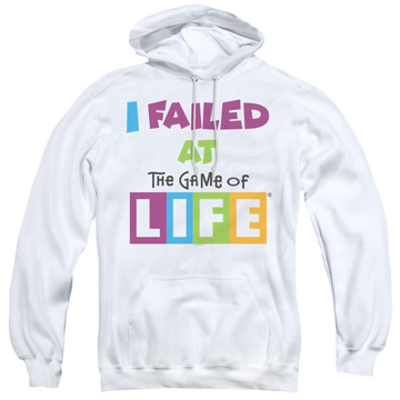 White pullover hoodie with Game of Life Failed At graphic