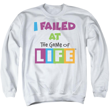 White men's crewneck sweatshirt with Game of Life Failed At graphic