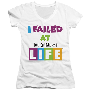 White juniors v-neck t-shirt with Game of Life Failed At graphic