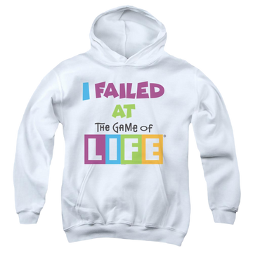 White youth hoodie for ages 8 to 12 with Game of Life Failed At graphic