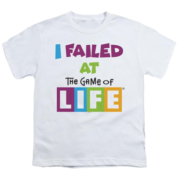 White youth t-shirt for ages 8 to 12 with Game of Life Failed At graphic