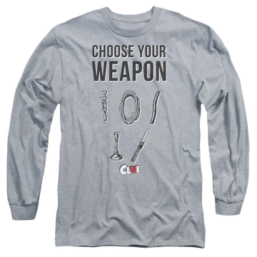 Athletic heather men's long sleeve t-shirt with Game of Clue Choose graphic