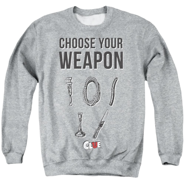 Athletic heather men's crewneck sweatshirt with Game of Clue Choose graphic