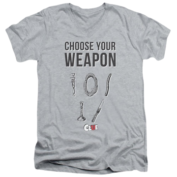 Athletic heather men's v-neck t-shirt with Game of Clue Choose graphic