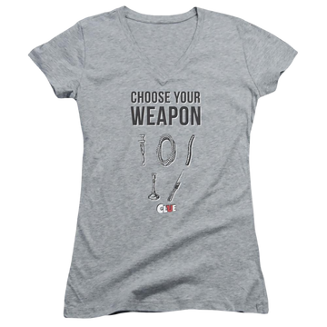 Athletic heather juniors v-neck t-shirt with Game of Clue Choose graphic