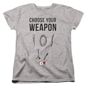 Athletic heather women's t-shirt with Game of Clue Choose graphic