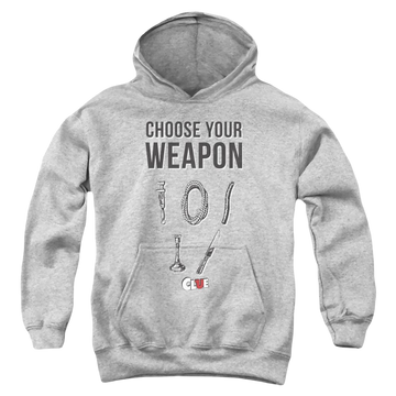 Athletic heather youth hoodie for ages 8 to 12 with Game of Clue Choose graphic