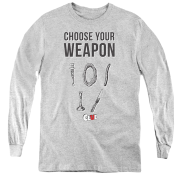 Athletic heather youth long sleeve t-shirt with Game of Clue Choose graphic