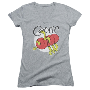 Athletic heather juniors v-neck t-shirt with Hasbro Cootie graphic