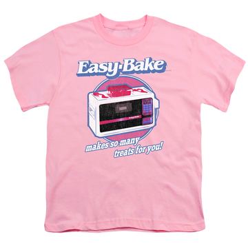 Pink youth t-shirt for ages 8 to 12 with Easy Bake Oven Treats graphic