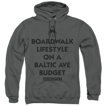 Charcoal pullover hoodie with Monopoly Lifestyle Vs Budget graphic