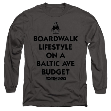 Charcoal men's long sleeve t-shirt with Monopoly Lifestyle Vs Budget graphic
