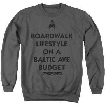 Charcoal men's crewneck sweatshirt with Monopoly Lifestyle Vs Budget graphic