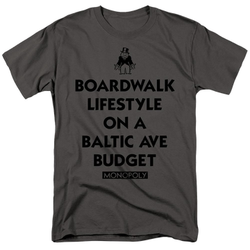Charcoal men's regular fit t-shirt with Monopoly Lifestyle Vs Budget graphic