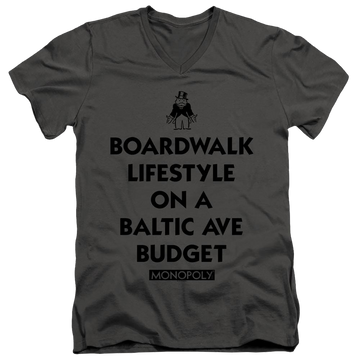 Charcoal men's v-neck t-shirt with Monopoly Lifestyle Vs Budget graphic