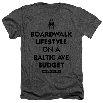 Charcoal men's heather t-shirt with Monopoly Lifestyle Vs Budget graphic