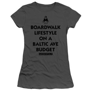 Charcoal juniors t-shirt with Monopoly Lifestyle Vs Budget graphic