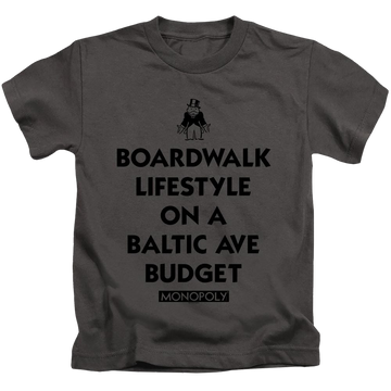 Charcoal kid's t-shirt for ages 4 to 7 with Monopoly Lifestyle Vs Budget graphic