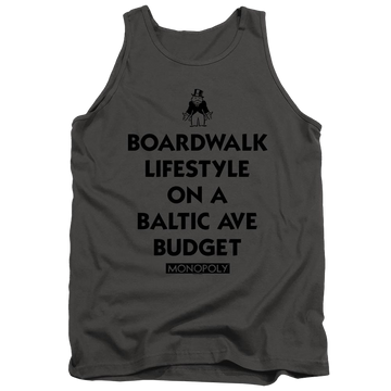 Charcoal men's tank with Monopoly Lifestyle Vs Budget graphic