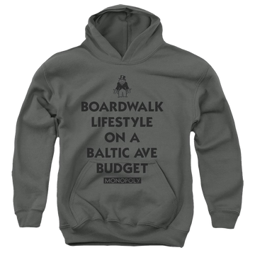 Charcoal youth hoodie for ages 8 to 12 with Monopoly Lifestyle Vs Budget graphic
