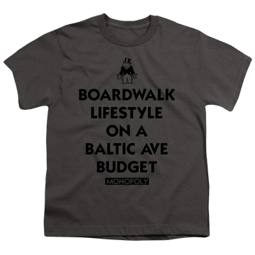 Charcoal youth t-shirt for ages 8 to 12 with Monopoly Lifestyle Vs Budget graphic