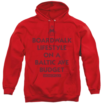 Red pullover hoodie with Monopoly Lifestyle Vs Budget graphic