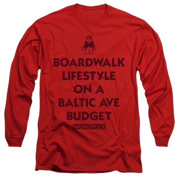 Red men's long sleeve t-shirt with Monopoly Lifestyle Vs Budget graphic
