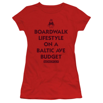 Red juniors t-shirt with Monopoly Lifestyle Vs Budget graphic
