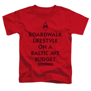 Red toddler t-shirt with Monopoly Lifestyle Vs Budget graphic