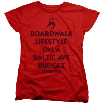 Red women's t-shirt with Monopoly Lifestyle Vs Budget graphic