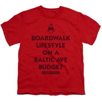 Red youth t-shirt for ages 8 to 12 with Monopoly Lifestyle Vs Budget graphic