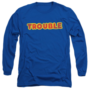 Royal men's long sleeve t-shirt with Game of Trouble Logo graphic