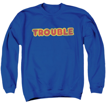 Royal men's crewneck sweatshirt with Game of Trouble Logo graphic