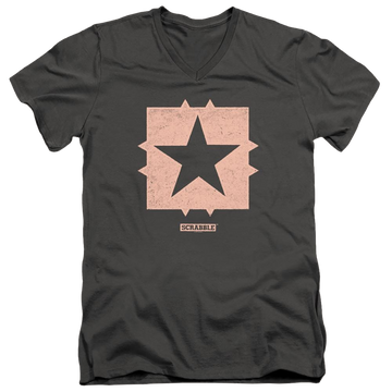 Charcoal men's v-neck t-shirt with Scrabble Free Space graphic