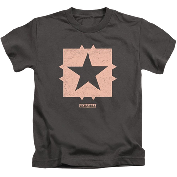 Charcoal kid's t-shirt for ages 4 to 7 with Scrabble Free Space graphic