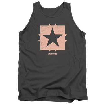 Charcoal men's tank with Scrabble Free Space graphic