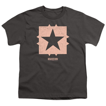 Charcoal youth t-shirt for ages 8 to 12 with Scrabble Free Space graphic