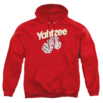 Red pullover hoodie with Yahtzee Tumbling Dice graphic