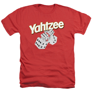 Red men's heather t-shirt with Yahtzee Hasbro Tumbling Dice graphic