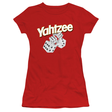 Red juniors t-shirt with Yahtzee Tumbling Dice graphic