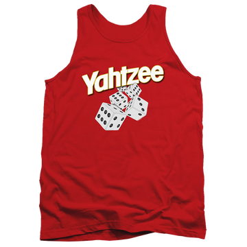 Red men's tank with Yahtzee Tumbling Dice graphic
