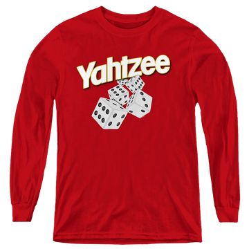 Red youth long sleeve t-shirt with Yahtzee Hasbro Tumbling Dice graphic