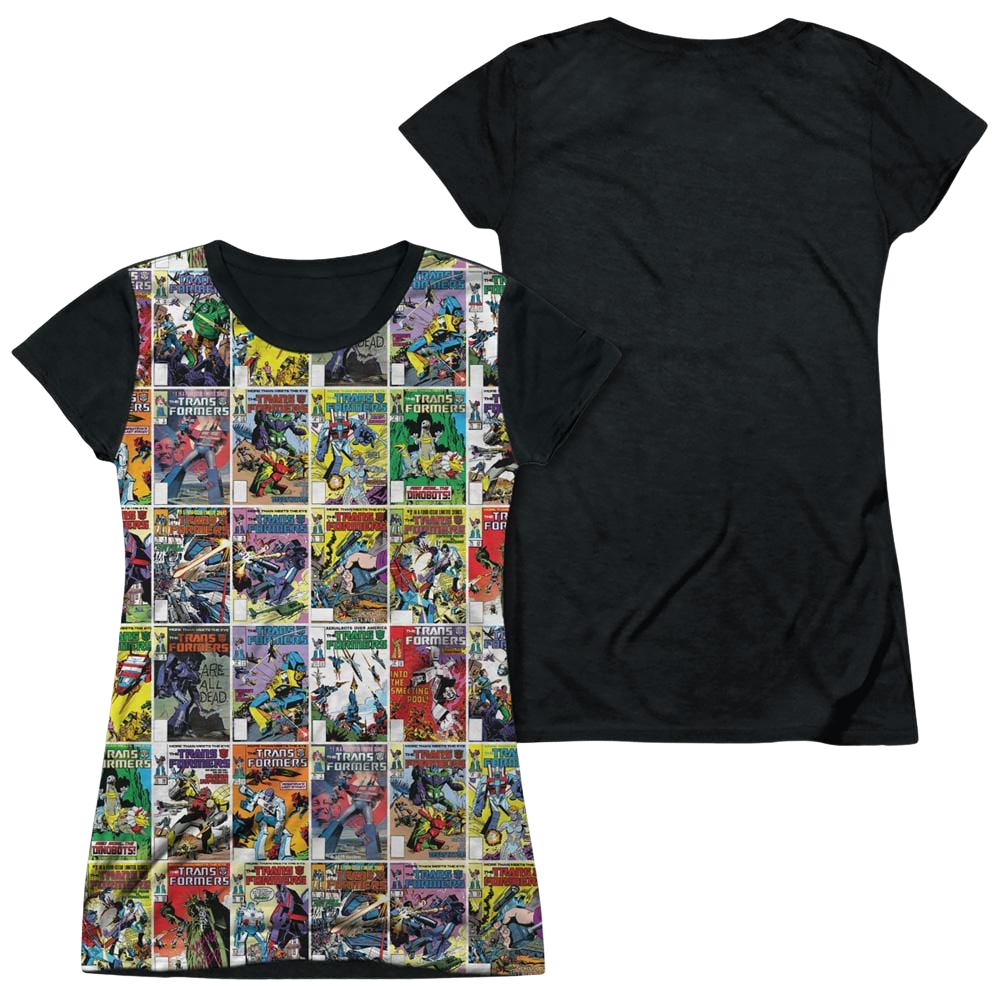 Transformers Cover Collage - Juniors Black Back T-Shirt Juniors Black Back T-Shirt Transformers   