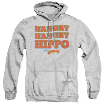 Athletic heather pullover hoodie with Hungry Hungry Hippos Hasbro Hangry graphic